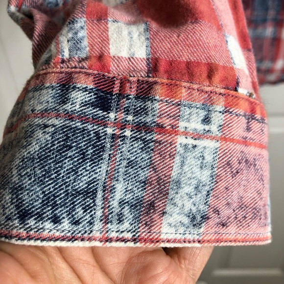 Lucky Brand Washed & Worn Cotton Red White Blue Pearl Snap Plaid Shirt L - Picture 6 of 15